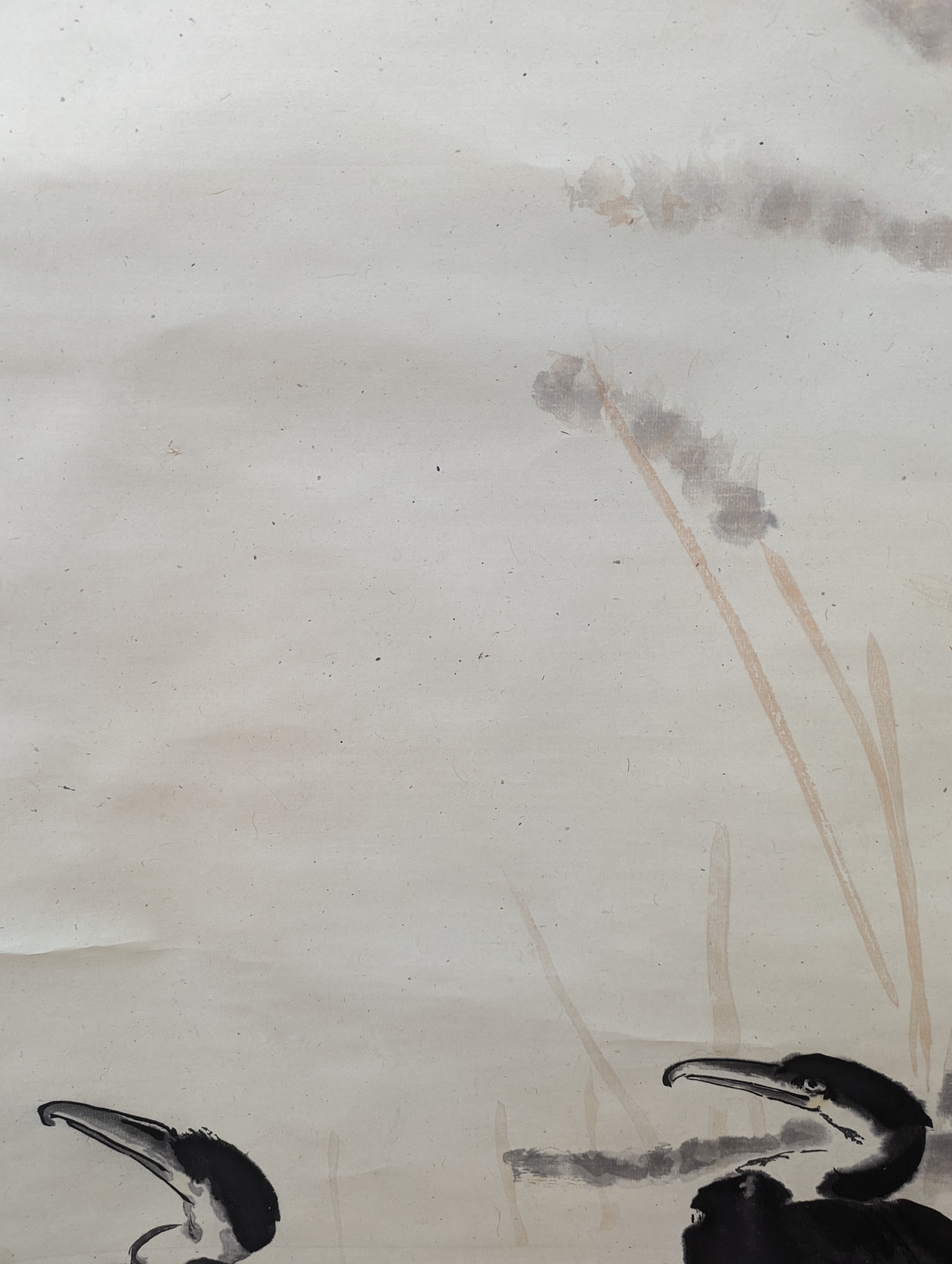 Two mid 20th century Japanese watercolour on paper scroll paintings, Boatman in a landscape, 79.5 x 113cm, and Cormorants on a bank, 103 x 106cm
